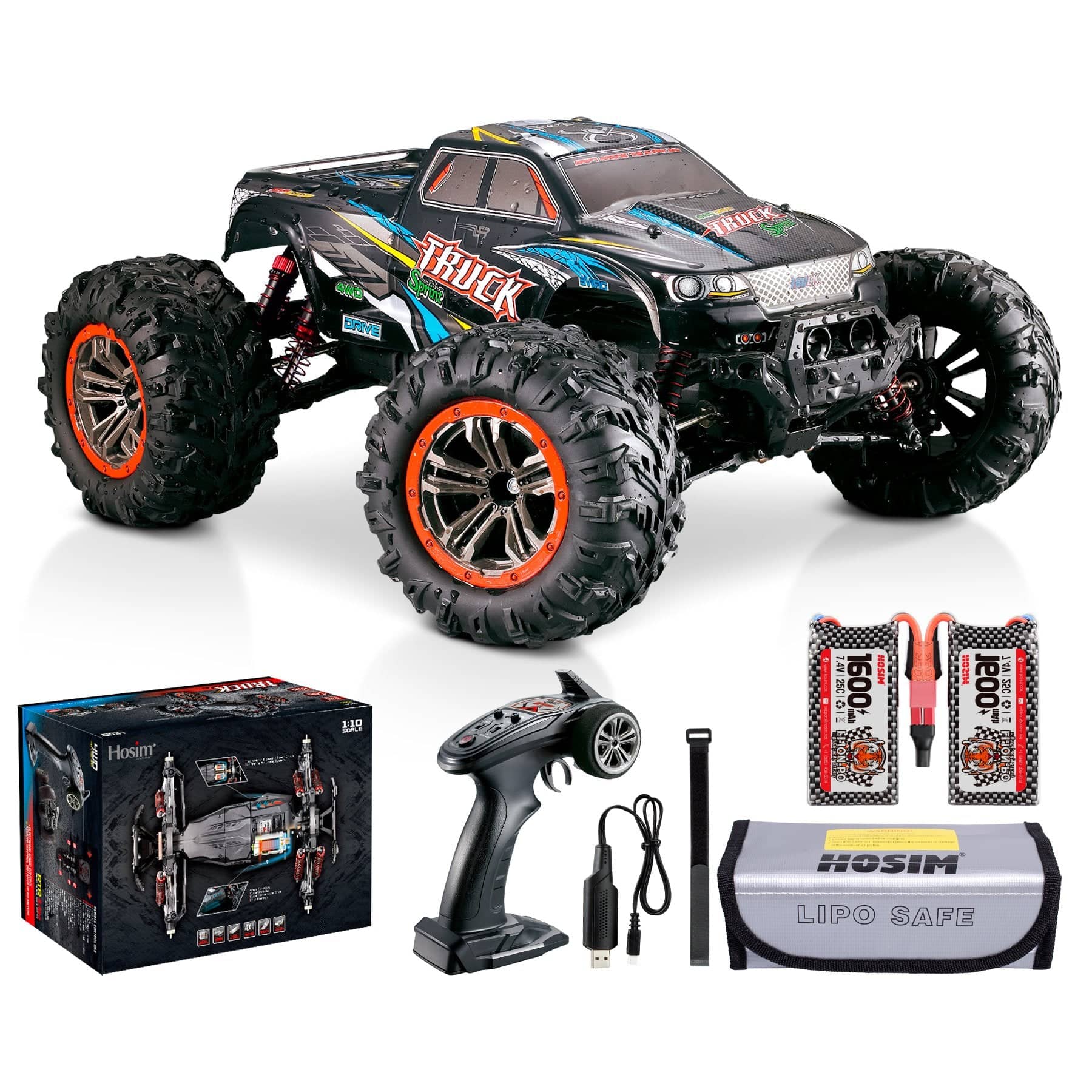 Hosim 1/10 Remote Control Car RC Car Monster Truck 9125 with 2 Batteries Blue