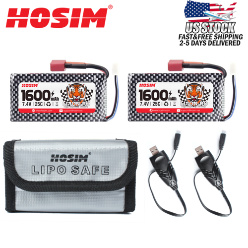 Hosim 2pcs 7.4V 1600mAh Battery+Safety Bag for 9125 9126 HS9125