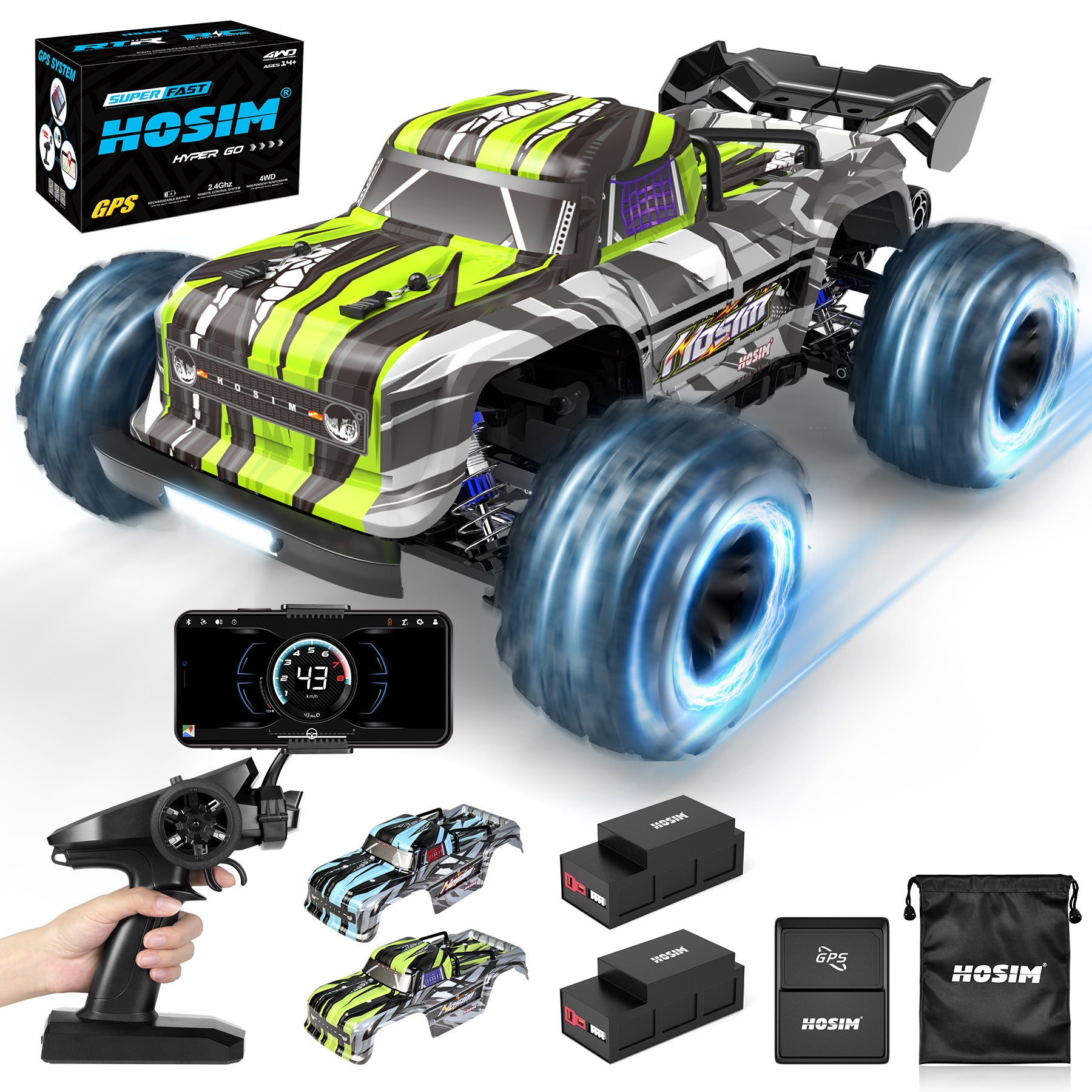 Hosim Bluetooth GPS RC Car 1:16 4WD Remote Control Truck with App，Radio Cars Off Road Waterproof Hobby Grade Trucks for Child Adults